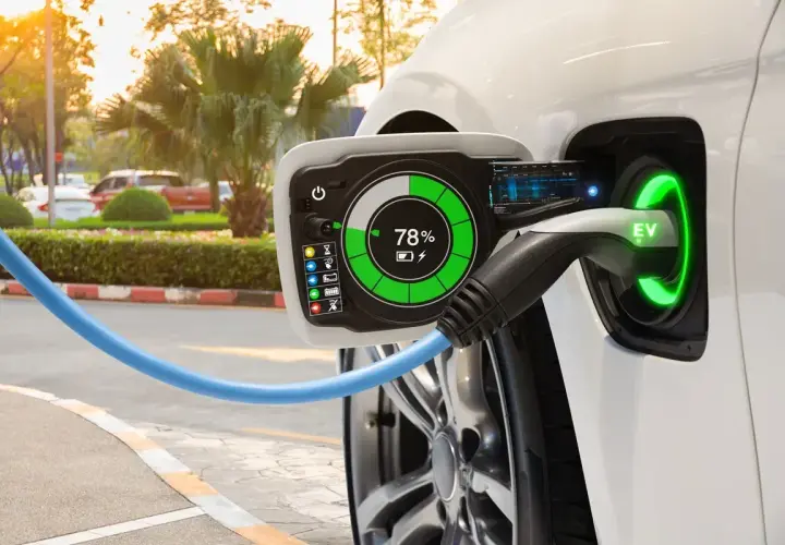 Biały samochód elektryczny (BEV) ładuje się, wskaźnik pokazuje 78%. Zielona obwódka wokół gniazda EV świeci.