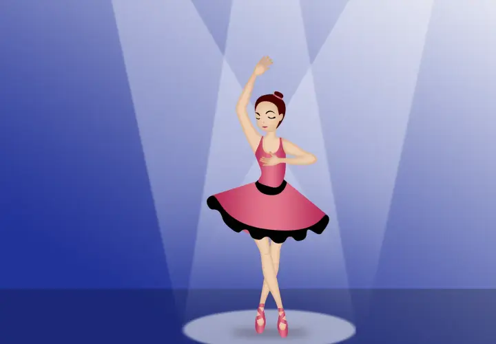 Ballerina in tutù rosa, con un elegante piede a punta, esegue una posa aggraziata sotto i riflettori.