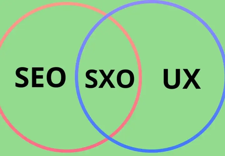 Diagram z nakładającymi się okręgami: SEO, SXO, UX. SXO to połączenie SEO i UX, klucz do sukcesu w internecie.