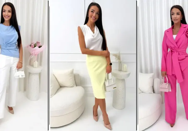 Elegancka moda wiosna: błękitna bluzka z białymi spodniami, biała bluzka z żółtą spódnicą, różowy garnitur.