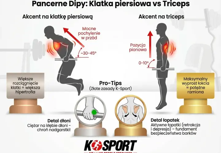 Pompki na uchwytach: porównanie akcentu na klatkę piersiową i triceps. Ilustracje pokazują prawidłową postawę i ruch.