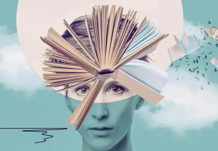 Ein Kopf voller Bücher, die wie Flügel in den Himmel fliegen. Das ist ein gutes Leben: Wissen, das uns beflügelt und uns frei macht.