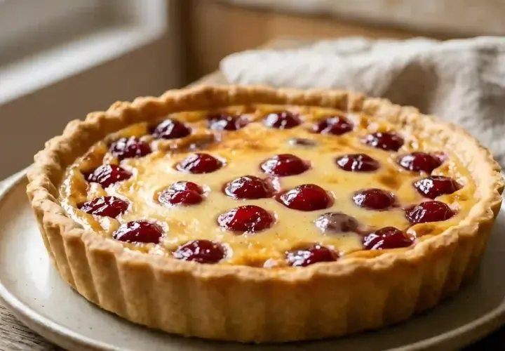 Un délicieux flan aux cerises, avec sa croûte dorée et sa garniture crémeuse parsemée de fruits rouges brillants.