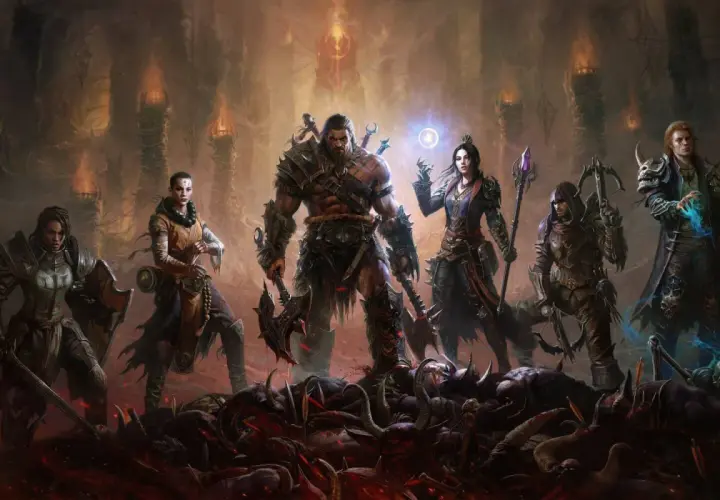 Siedmiu bohaterów Diablo Immortal na PS4, stojących na stosie pokonanych wrogów, gotowych do walki w mrocznym świecie.