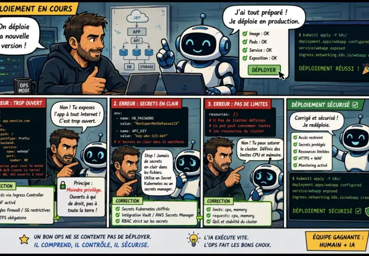 Un développeur et un robot travaillent sur un déploiement. Le robot signale des erreurs de sécurité, mais le développeur corrige le code pour un déploiement sécurisé, comme sur un azure blog.