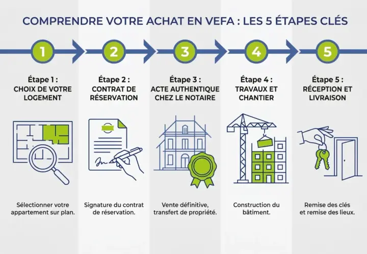 Comprendre les 5 étapes clés pour acheter dans le neuf en VEFA : choix du logement, contrat, acte notarié, travaux, réception.