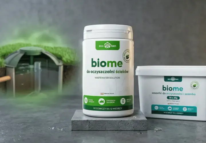 Produkty "biome" do oczyszczalni ścieków i szamba, z zieloną mgiełką nad oczyszczalnią.