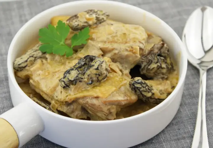 Un plat de poularde crémeuse aux morilles, garni de persil. Parfait pour savoir que servir avec une poularde au vin jaune.