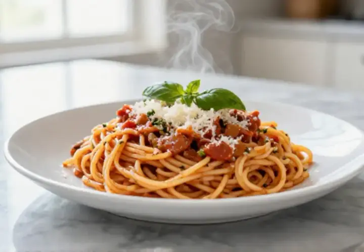 Un plat fumant de spaghetti bolognaise, garni de basilic frais et de parmesan râpé, prêt à être dégusté.