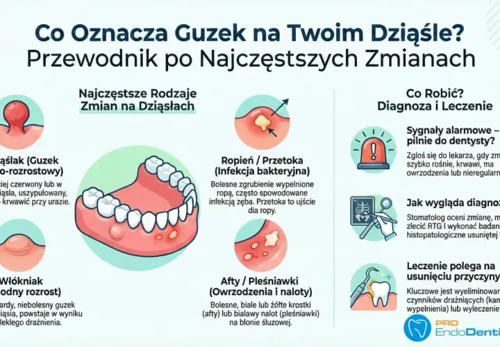 Nadziąślak to czerwony guzek na dziąśle, który może krwawić. Ilustracja pokazuje różne zmiany, w tym nadziąślaka.