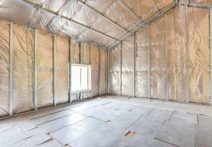 Interno di un sottotetto in fase di isolamento. Pareti e soffitto rivestiti con materiale riflettente e struttura metallica per il cartongesso. Pavimento con pannelli e materiale isolante.