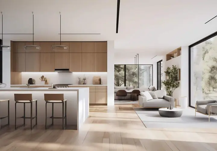 Cuisine moderne et salon lumineux avec mobilier design. Pensez au mobilier déductible frais notaire pour votre futur achat.