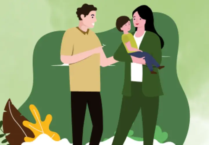 Familie im Gespräch über ADHS. Ist ADHS vererbbar? Die Eltern und ihr Kind stehen im Grünen.