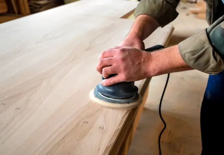 Man lijando madera con una lijadora orbital, preparando una superficie lisa para un proyecto.
