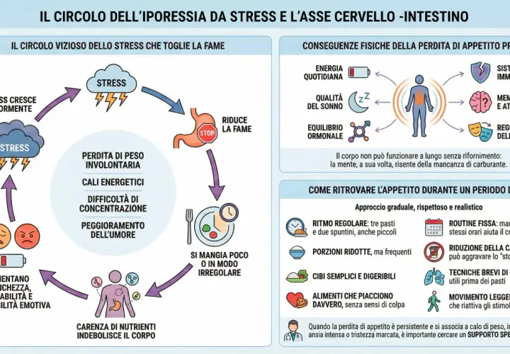 Il diagramma illustra le conseguenze dello stress prolungato sull'appetito, portando a perdita di peso, cali energetici e peggioramento dell'umore.