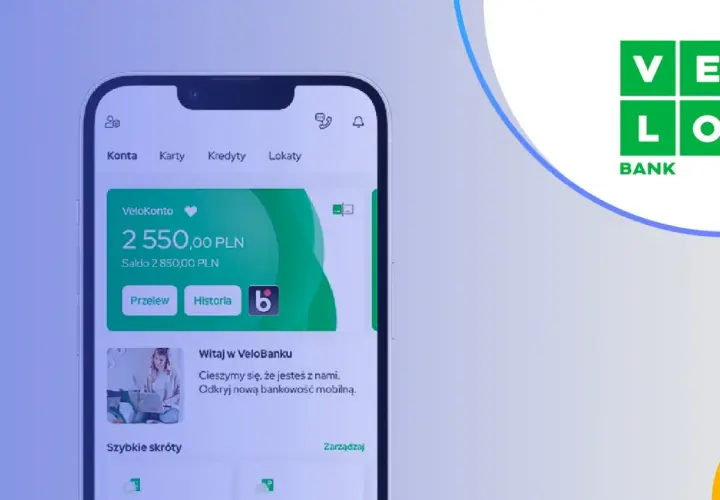Aplikacja VeloBanku pokazuje saldo 2550 PLN. Wygodna bankowość mobilna.