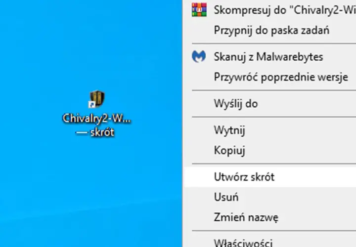 Ikona gry Chivalry 2 na pulpicie. Kliknij prawym przyciskiem myszy, aby zobaczyć opcje, jak dodać aplikacje na pulpit, np. "Utwórz skrót".