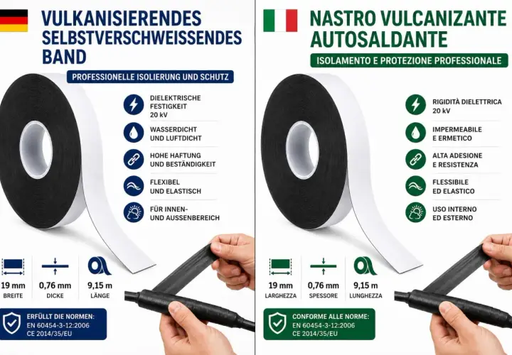Cinta vulcanizada para aislamiento y protección profesional. Es impermeable, flexible y de alta adhesión.