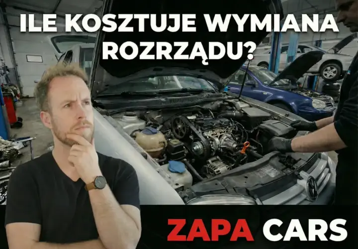 Mężczyzna zastanawia się nad kosztem wymiany rozrządu w samochodzie. Mechanik w tle pracuje przy silniku.