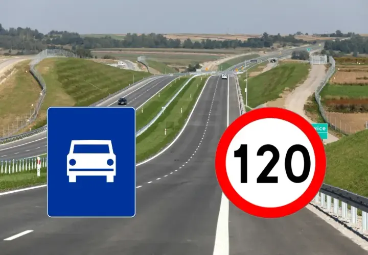 Szeroka jezdnia autostrady z zielonymi pasami i znakami: dopuszczalna prędkość 120 km/h oraz informacja o ruchu samochodowym.