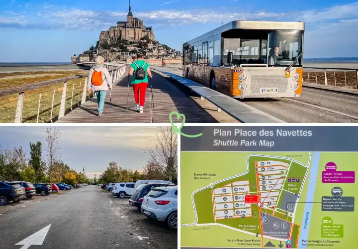 Parking gratuit camping-car Mont Saint-Michel : navette, plan du site et vue sur le Mont.