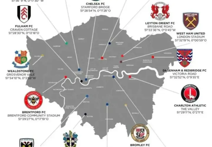 Mapa Londynu z zaznaczonymi stadionami piłkarzy z Londynu, m.in. Fulham FC, Chelsea FC, West Ham United.