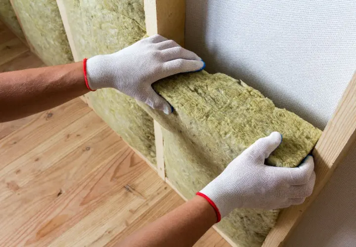 Pose d'isolant dans une structure de mur en bois. L'isolation aide à prévenir l'humidité du mur et améliore le confort thermique.
