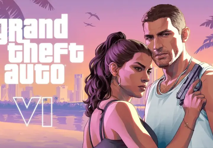 Das Cover von Rockstar Games GTA 6 zeigt ein Paar am Strand vor einer Stadtkulisse bei Sonnenuntergang.