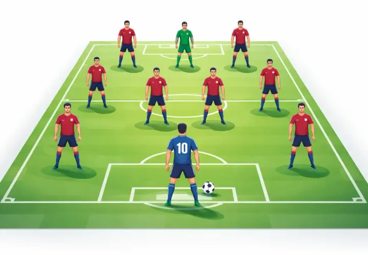 Ilustracja przedstawia formację piłkarską 4-3-3. Zawodnicy ustawieni na boisku, gotowi do gry.