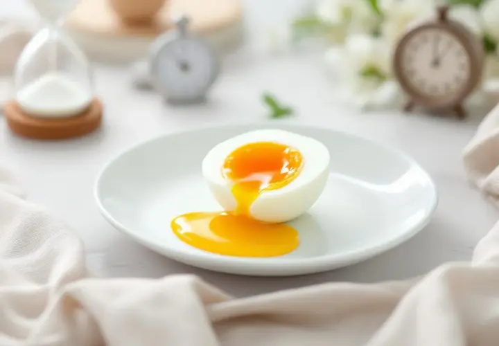 Un œuf mi cuit, coupé en deux, dévoile un jaune coulant sur une assiette blanche. Le temps est suspendu, comme l'indiquent les sabliers et réveils en arrière-plan.
