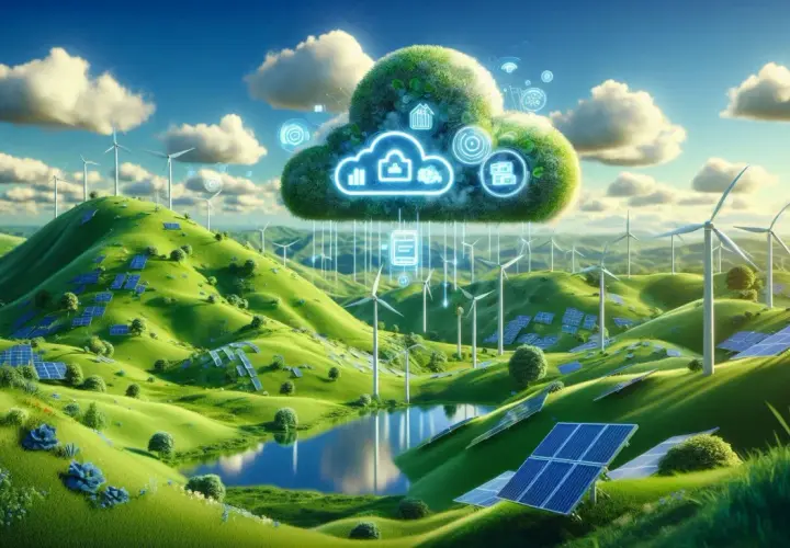 Un paysage verdoyant parsemé d'éoliennes et de panneaux solaires, dominé par un nuage vert symbolisant l'énergie propre et la technologie.