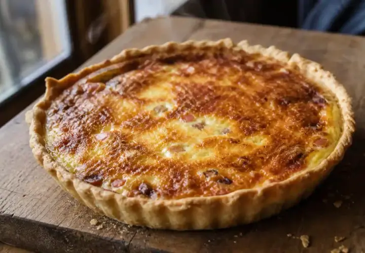 Une belle quiche lorraine dorée, prête à être dégustée. La vraie recette quiche lorraine, simple et savoureuse.