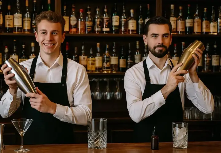 Dwóch barmanów w fartuchach przygotowuje drinki. Zastanawiasz się, ile zarabia barman na weselu?