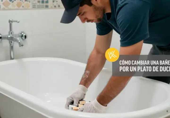 Un hombre con guantes trabaja en una bañera, preparándose para cambiarla por un plato de ducha.