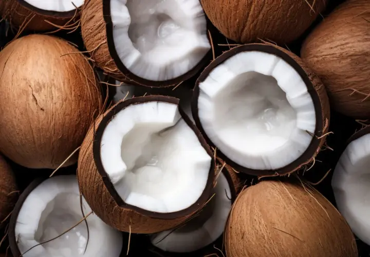 Cocos frescos, algunos enteros y otros partidos, revelan su pulpa blanca y cremosa. Un festín visual que evoca las múltiples propiedades del coco.