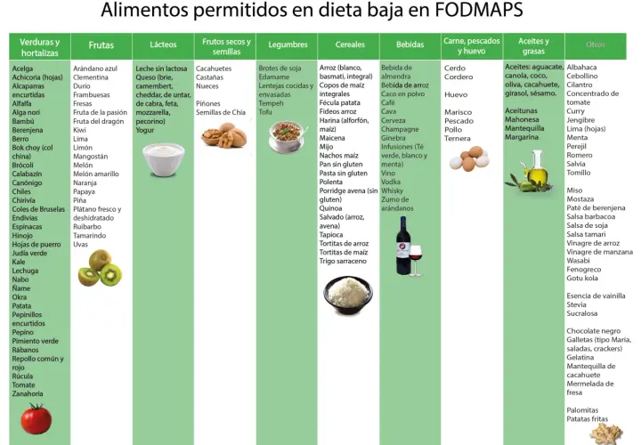 Lista de alimentos permitidos en dieta baja en FODMAPS: verduras, frutas, lácteos, frutos secos, legumbres, cereales, bebidas, carnes, pescados, huevos, aceites y otros.
