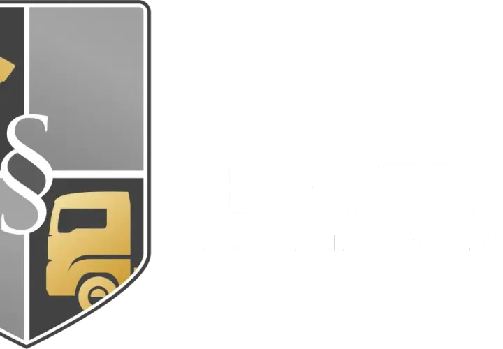 Logo z lwem, paragrafem i ciężarówką. Napis "LEGALTRANS KANCELARIA TRANSPORTOWA".