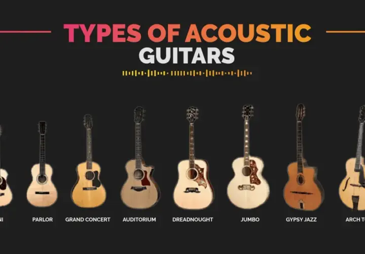 Różne rodzaje gitar akustycznych: Travel, Mini, Parlor, Grand Concert, Auditorium, Dreadnought, Jumbo, Gypsy Jazz, Arch Top, Classical.