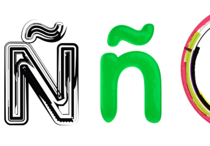 Letras con ñ: una N estilizada en blanco y negro, una ñ verde brillante y un arcoíris de colores.