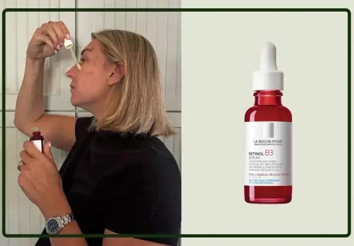 Kobieta aplikuje serum z retinolem. Retinobaza 17000 krem na co pomaga? Wygładza zmarszczki i odnawia skórę.