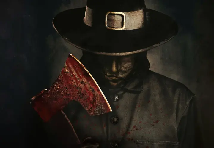 Un personaggio con cappello da pellegrino e ascia insanguinata, pronto per un macabro thanksgiving (film) recensioni.
