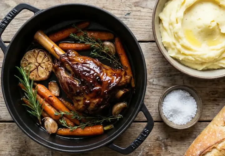 Souris d'agneau au four, caramélisée et tendre, servie avec des carottes rôties, de l'ail confit et du romarin. Accompagnée de purée de pommes de terre et de gros sel.