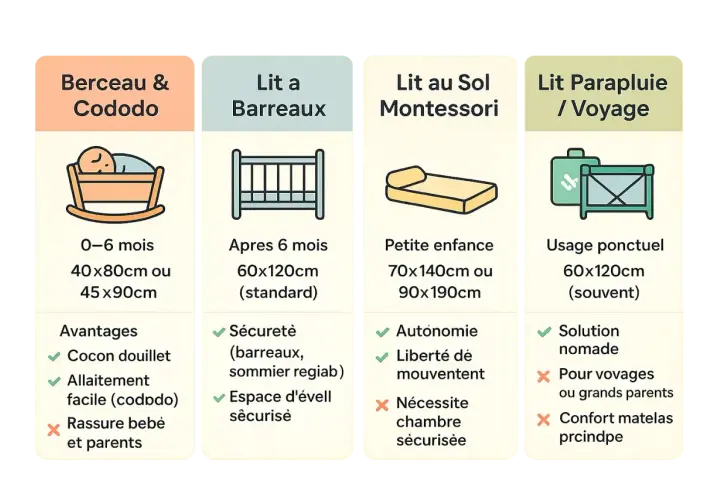 Tableau comparatif des lits pour bébé : berceau (0-6 mois), lit à barreaux (après 6 mois), lit au sol Montessori (petite enfance), lit parapluie (voyage). Il répond à la question : lit bébé jusqu'à quel âge.