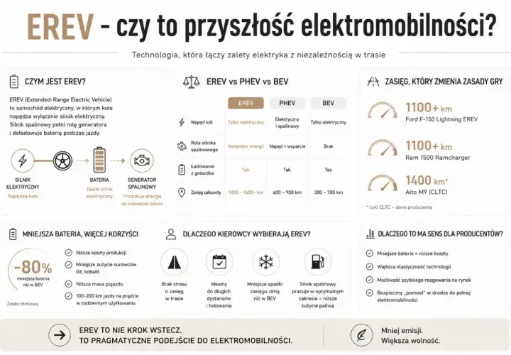 EREV to elektryk z generatorem, który daje zasięg 1100+ km, jak Ford F-150 Lightning EREV. Mniejsza bateria to niższe koszty.