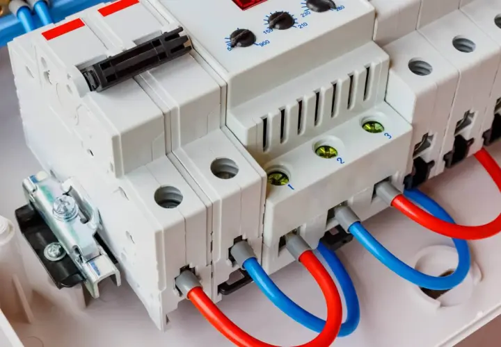 Nowoczesny ogranicznik przepięć AC z czerwonymi i niebieskimi przewodami, gotowy do ochrony instalacji elektrycznej.