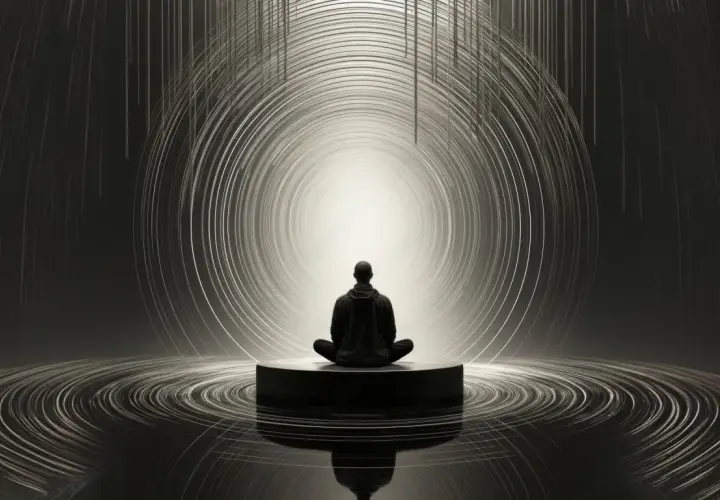 Figura in meditazione al centro di un vortice di luce, alla ricerca dello scopo della vita.