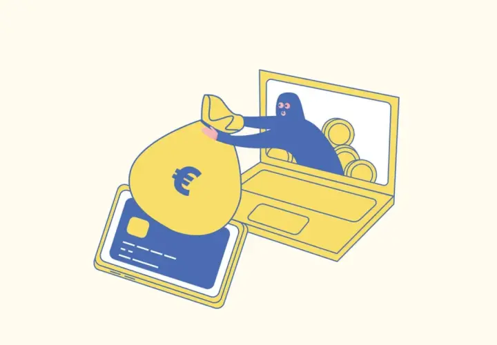 Ein Dieb stiehlt Geld von einer Kreditkarte über einen Laptop. Das zeigt, was ist phishing: Betrug mit persönlichen Daten.