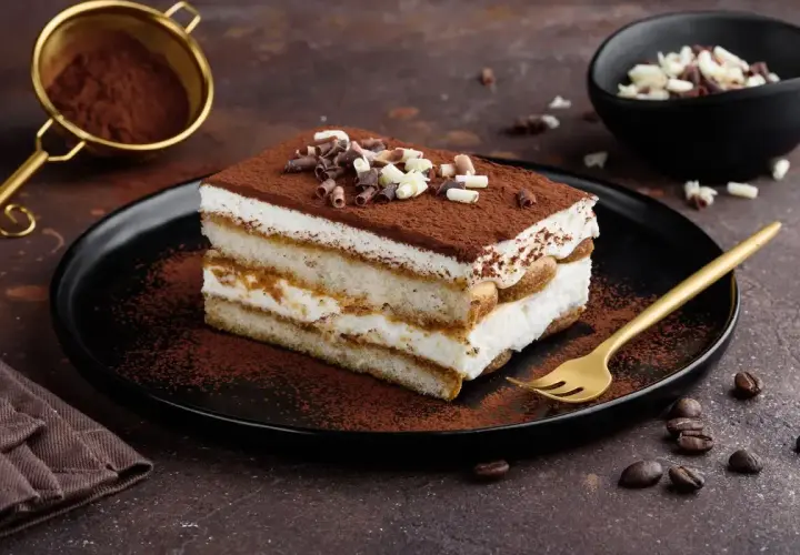 Una fetta di tiramisù con philadelphia, cosparso di cacao e riccioli di cioccolato, su un piatto nero con forchetta dorata.