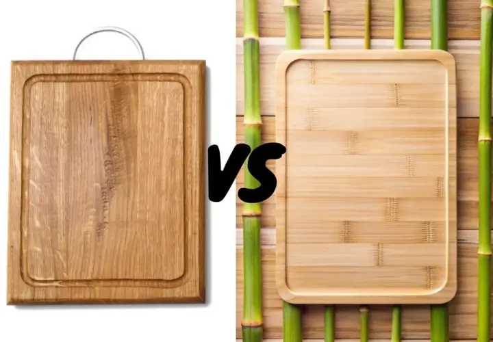 A sturdy acacia wood cutting board faces off against a sleek bamboo board, surrounded by vibrant green bamboo stalks.