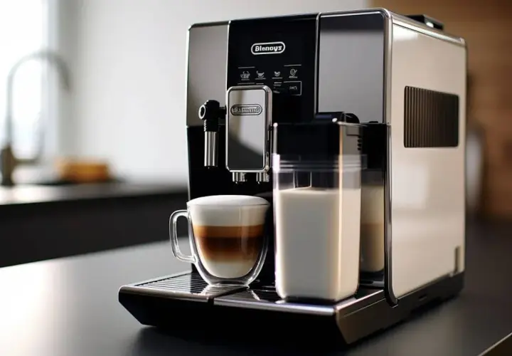 Automatyczny ekspres DeLonghi z kawą i mlekiem. Dowiedz się, jak często wymieniać filtr w ekspresie DeLonghi, by cieszyć się idealnym smakiem.